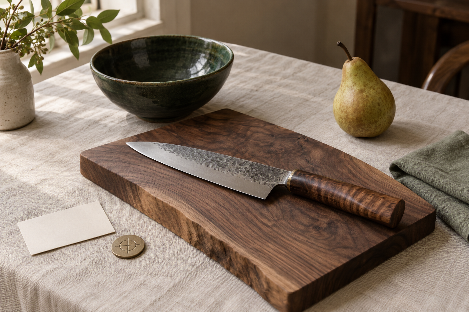 Concept still life of a crafted kitchen knife and green ceramic bowl